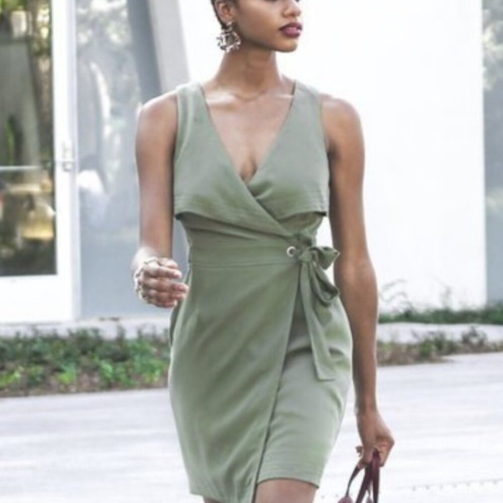 Adelyn Rae Olive Green Wrap Sleeveless Mini Dress